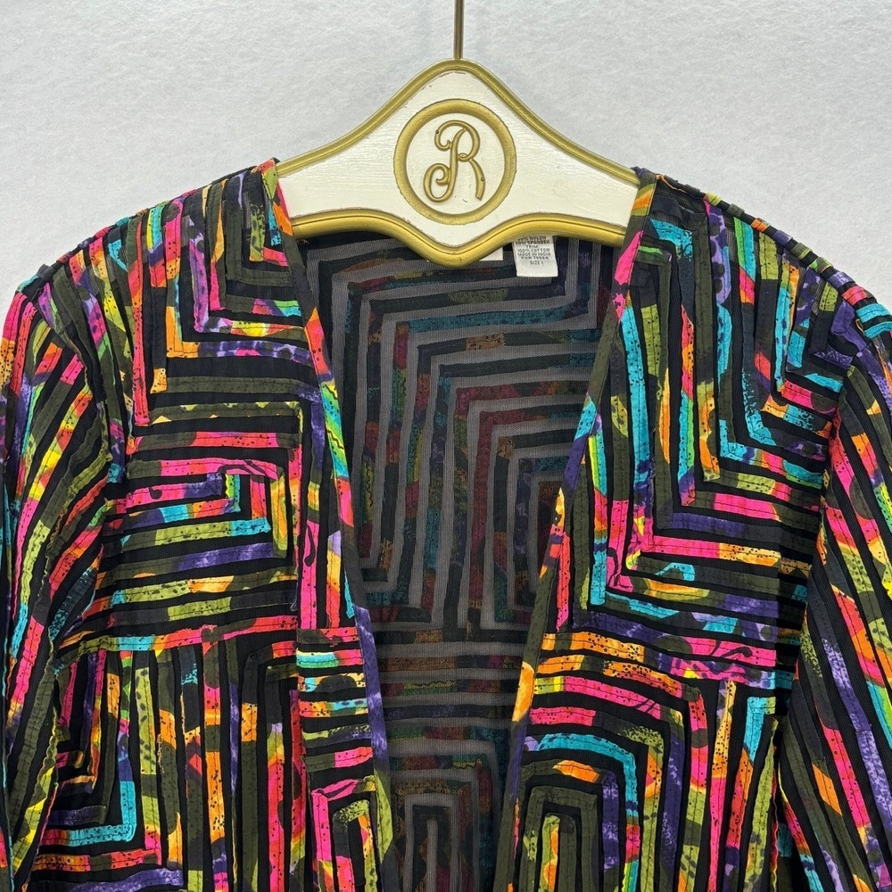 Vintage Chico's Artsy Jacket MEDIUM Multicolor Abstract y2k Festival Open Front - Picture 3 of 13